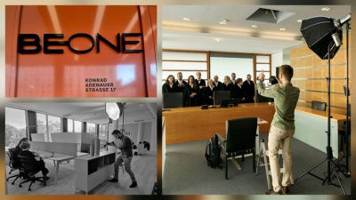 Fotocollage: Schild: Beone, Fotoshooting der Richter